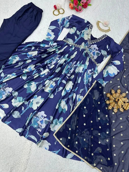 Blue Aliya Cut Dress With Real Mirror Work