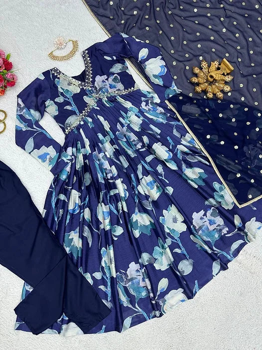 Blue Aliya Cut Dress With Real Mirror Work