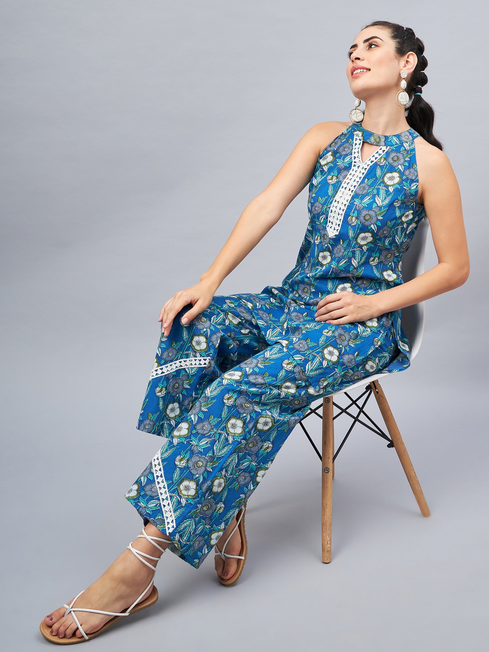Women Blue Floral With Lace Co-Ord Set