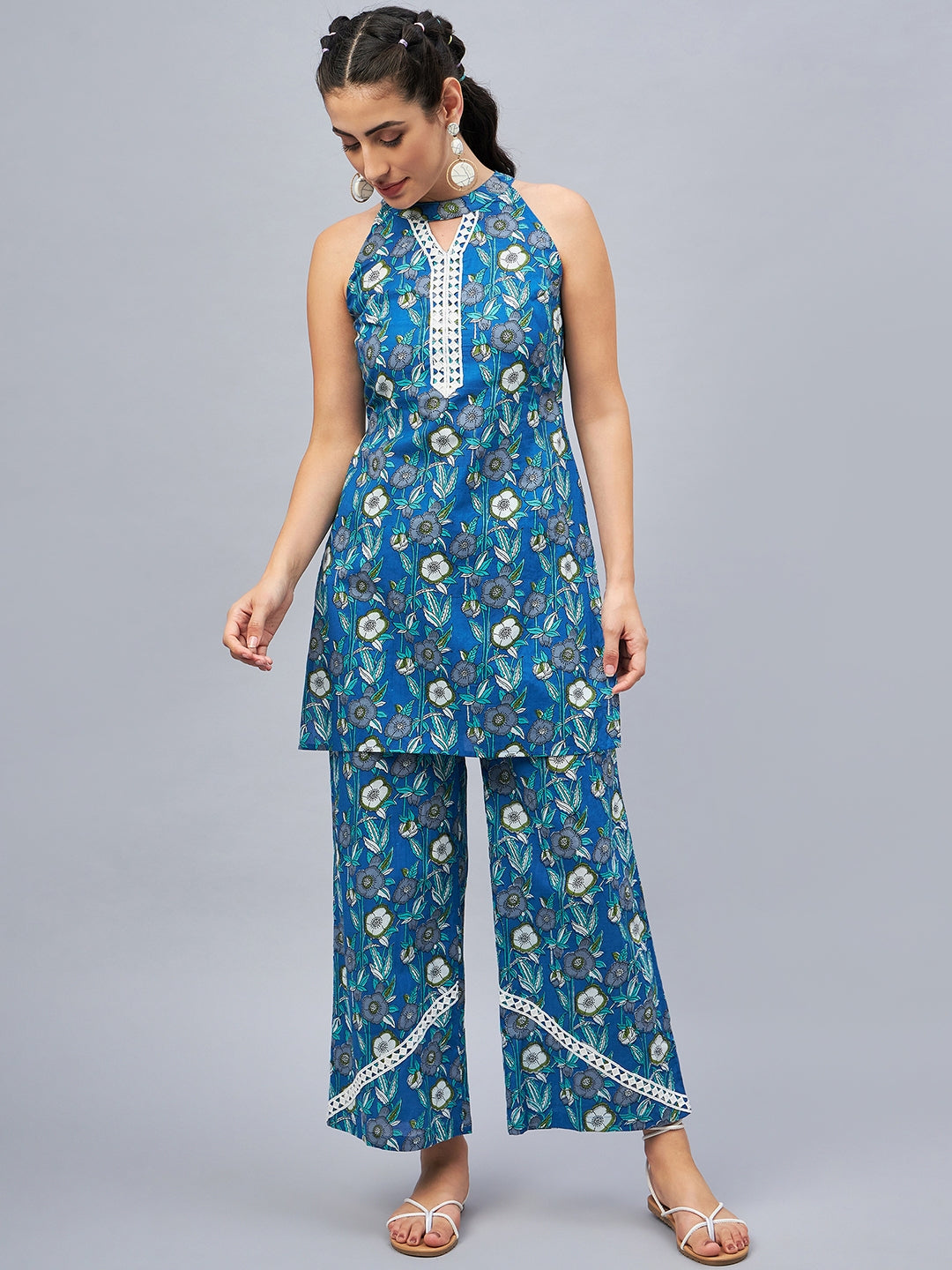 Women Blue Floral With Lace Co-Ord Set