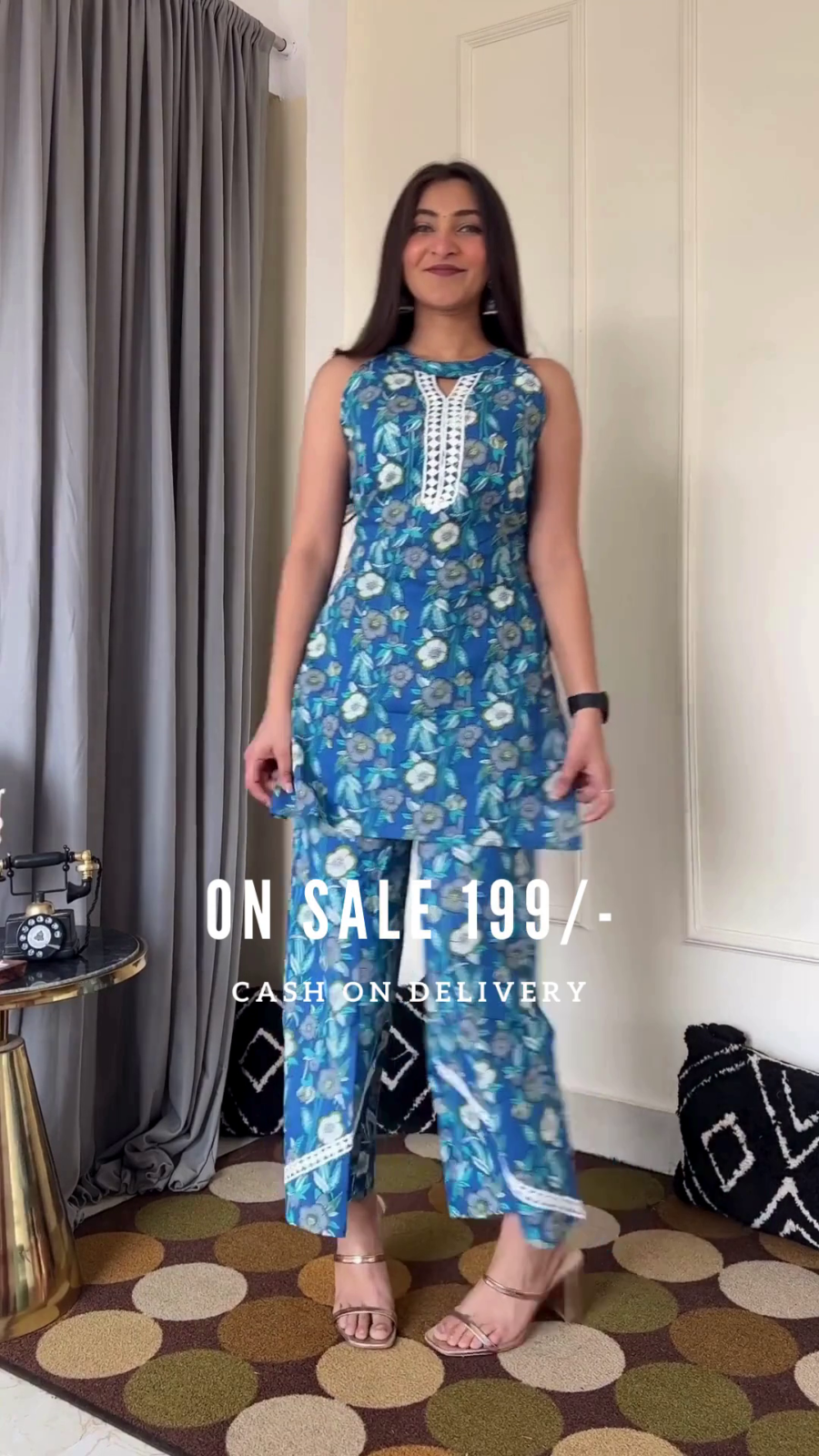 Women Blue Floral With Lace Co-Ord Set